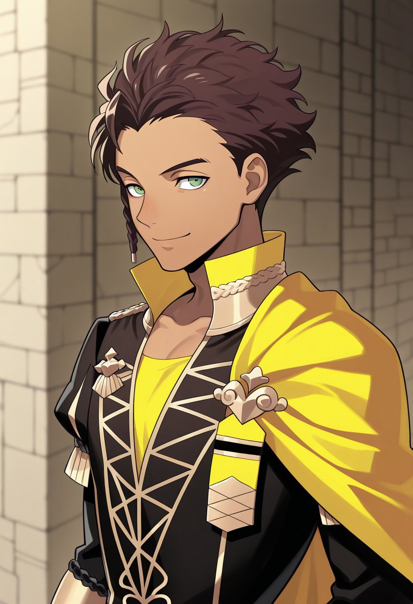 masterpiece,best quality,amazing quality, source_anime,
ClaudeVonRiegan, 1boy, male focus, solo, green eyes, brown hair, dark-skinned male, side braid, garreg mach monastery uniform, shirt, yellow shirt, coat, black coat, high collar, epaulettes, side cape, yellow cape, smile,
