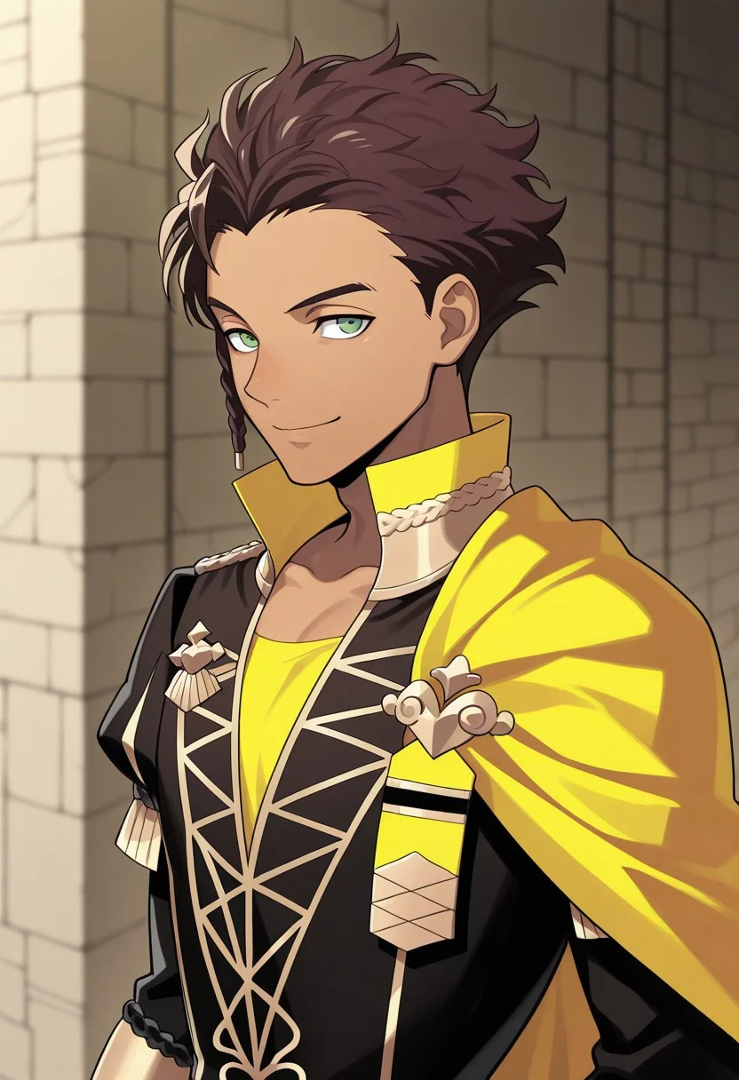 masterpiece,best quality,amazing quality, source_anime,
ClaudeVonRiegan, 1boy, male focus, solo, green eyes, brown hair, dark-skinned male, side braid, garreg mach monastery uniform, shirt, yellow shirt, coat, black coat, high collar, epaulettes, side cape, yellow cape, smile,
