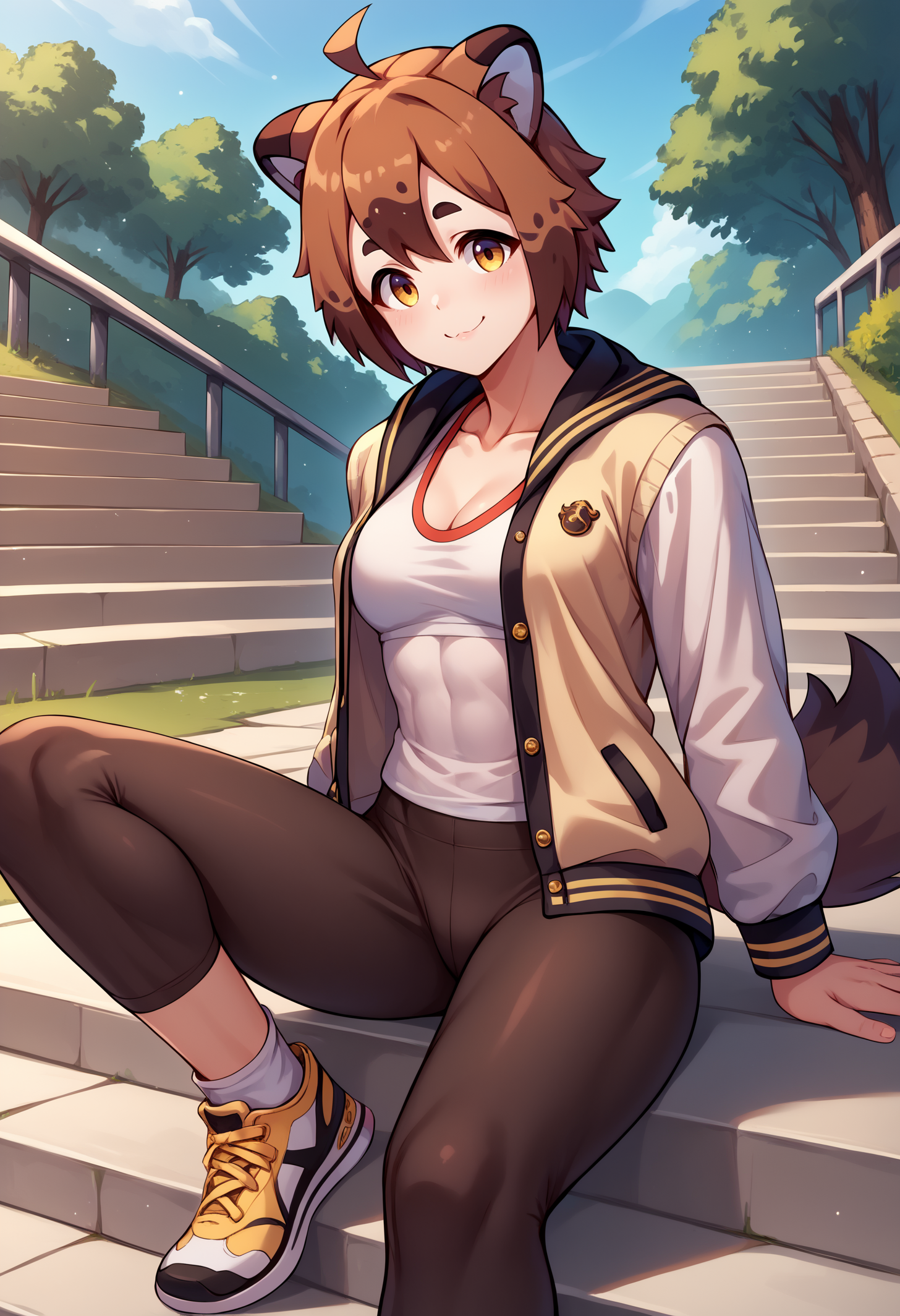 score_9, score_8_up, score_7_up, BREAK 1girl, solo, tanukiwers, raccoon girl, animal ears, raccoon tail, yellow eyes, short hair, ahoge, multicolored hair, medium breasts, <lora:TanukiWersmanPDXL_V1-Manityro-CAME:1.0>,
letterman jacket, open jacket, white shirt, black pants, yoga pants, sneakers, white socks, 
looking at viewer, smile, toned,
outdoors, summer, stairs, sitting, dutch angle,