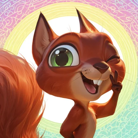 masterpiece, absurdres, amazing quality, photorealistic, ultra-detailed, solo, male focus, from side, chibi, furry male, 1boy, chip_superpet, red fur, green eyes, one eye closed, crooked whiskers, chipped tooth, buck teeth, open mouth, happy, smile, tongue, fluffy tail, slim, body fur, brown hands, cute, upper body, portrait, close-up, turning head, looking at viewer, hand up, v over eye,
BREAK
psychedelic background, patterned background, pastel colors, g0thic, neon, shadow, detailed shading, glowing, backlighting, WaiIL25PosC