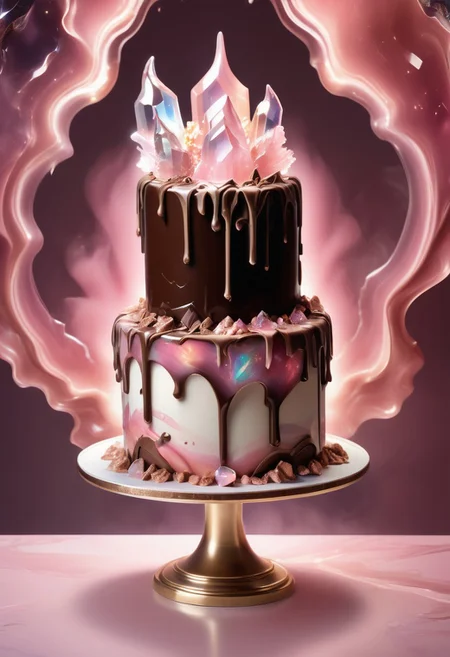 a cake with melted chocolate, pink mist, detailed with light pink aura quartz by jed-auraquartz