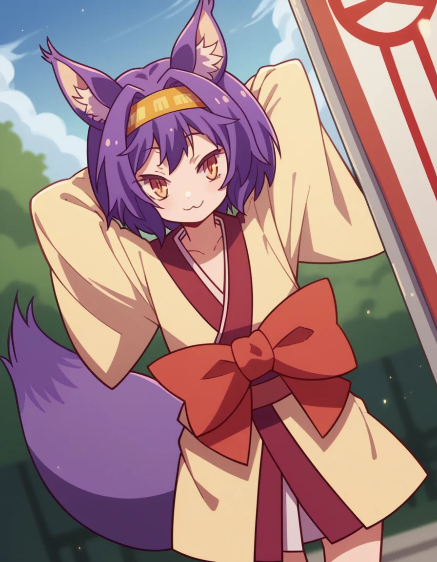 score_9, score_8_up, score_7_up, source_anime, <lora:izuna-hatsuse-s1-ponyxl-lora-nochekaiser:1>, izuna hatsuse, short hair, animal ears, purple hair, hairband, animal ear fluff, fox ears, slit pupils, yellow eyes,, bow, tail, japanese clothes, wide sleeves, kimono, fox tail, short kimono,, bus stop, waiting, commuter, smartphone, checking time, cold morning, , , hands behind head, smile,, solo,, cowboy shot, dutch angle