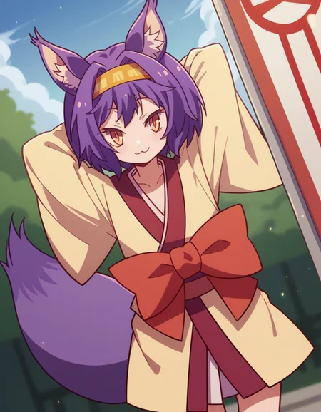 score_9, score_8_up, score_7_up, source_anime, <lora:izuna-hatsuse-s1-ponyxl-lora-nochekaiser:1>, izuna hatsuse, short hair, animal ears, purple hair, hairband, animal ear fluff, fox ears, slit pupils, yellow eyes,, bow, tail, japanese clothes, wide sleeves, kimono, fox tail, short kimono,, bus stop, waiting, commuter, smartphone, checking time, cold morning, , , hands behind head, smile,, solo,, cowboy shot, dutch angle