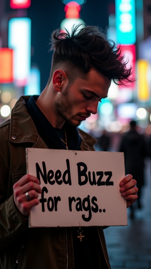 A cool-looking guy in a trendy outfit is seen in profile, his gaze slightly downward. He is holding a sign that reads "Need Buzz for Rags" in his hand. The dramatic lighting of the slushy metropolis creates a striking contrast. The shallow depth of field focuses on the sign, adding to the overall effect.