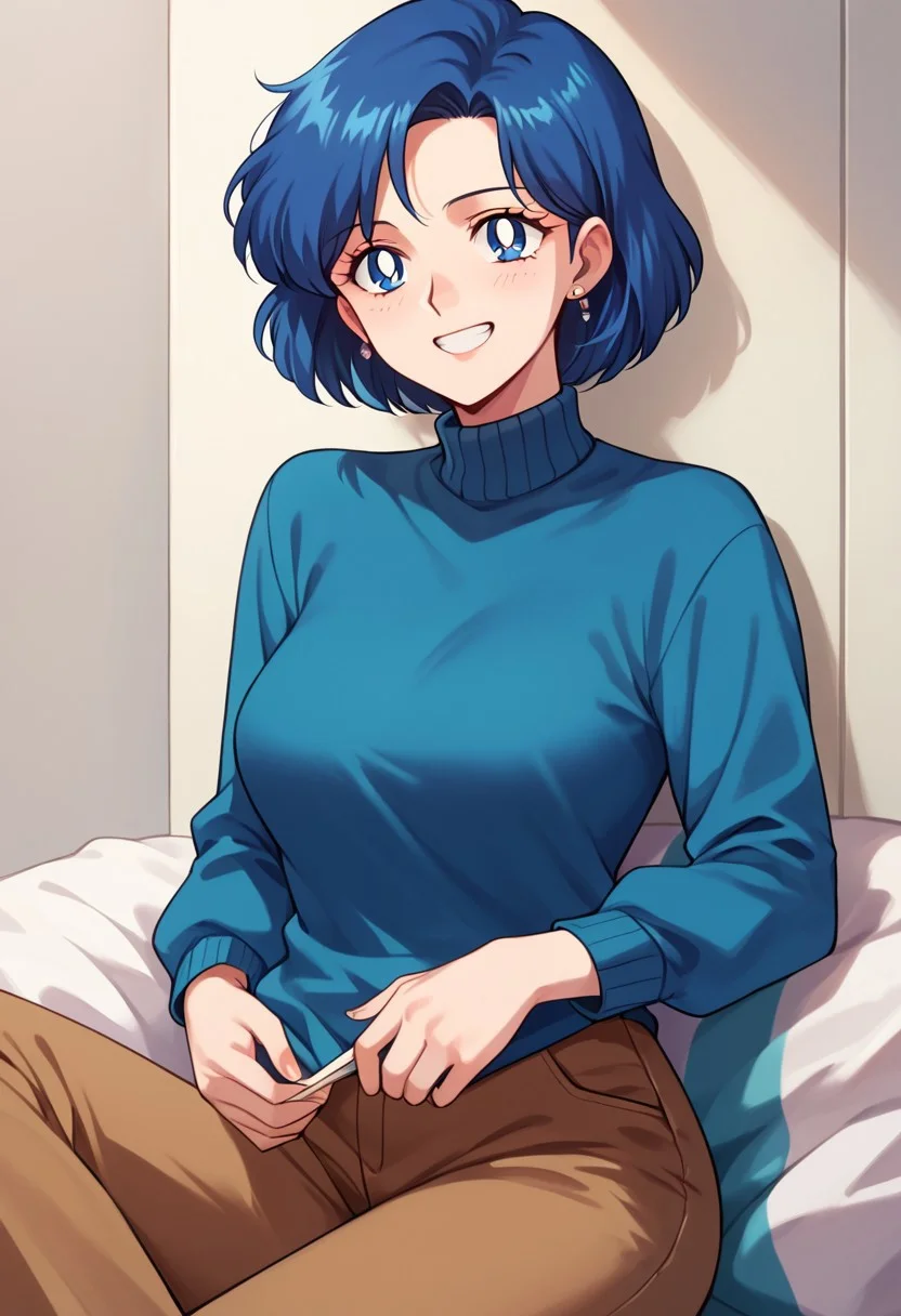 (masterpiece), best quality, a 30-year-old woman with (blue bob hair) and blue eyes, she wears a (cyan blue sweater) (long sleeves) and (brown pants), light grin, mature female, motherly, score_9, score_8_up, score_7_up, source_anime, score_9, score_8_up, score_7_up, sm90s
