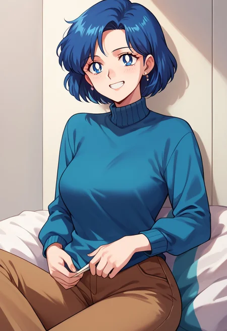 (masterpiece), best quality, a 30-year-old woman with (blue bob hair) and blue eyes, she wears a (cyan blue sweater) (long sleeves) and (brown pants), light grin, mature female, motherly, score_9, score_8_up, score_7_up, source_anime, score_9, score_8_up, score_7_up, sm90s