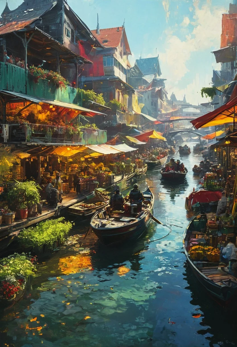 cinematic , boats , solarpunk city market, floating market, vibring color, style of Andreas Achenbach, monet,  oil painting, knight patrol, fr4z3tt4