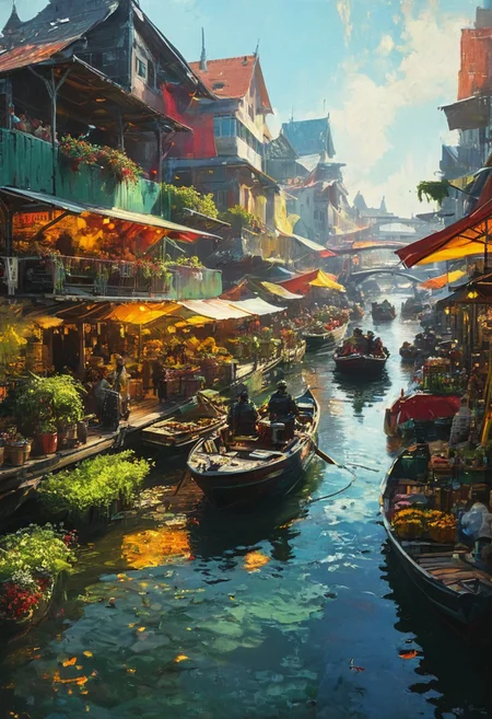 cinematic , boats , solarpunk city market, floating market, vibring color, style of Andreas Achenbach, monet,  oil painting, knight patrol, fr4z3tt4