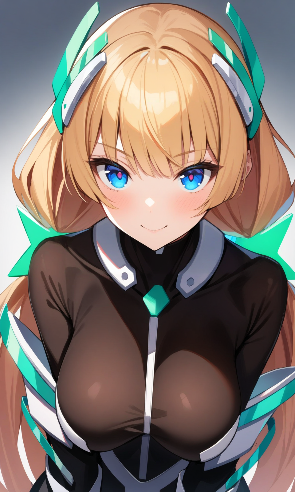 1girl, angelabalzac, blonde hair, blue eyes, long hair, looking at viewer, low twintails, smile, solo, very long hair, (black bodysuit:1.2), 
looking at viewer, 
(portrait:1.2), 
masterpiece, best quality, very aesthetic, absurdres, 
<lora:AngelaBalzac_XL:1>