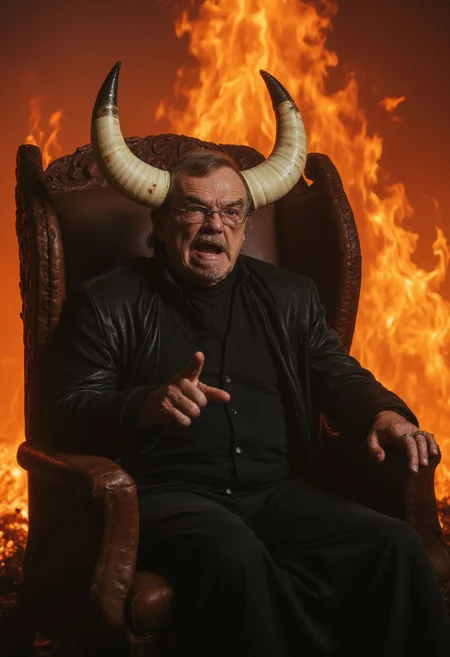 A stylish and flamboyant gentleman devil stands before a backdrop of roaring hellfire, visibly disappointed as he gestures toward his extravagant throne. The throne is crafted from luxurious materials and adorned with black leather made from human skin. It features a grand, high backrest, exuding both comfort and ostentatious opulence. The devil wears a high-collared robe, and his gleaming white ivory horns catch the light of the flames. The scene is captured as an analog photo with a subtle grain, enhancing the eerie and vintage atmosphere.