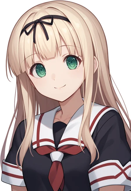 score_9, score_8_up, score_7_up, score_6_up, score_5_up, score_4_up, BREAK, source_anime,
1girl, yuudachi, blonde hair, long hair, straight hair, black hair ribbon, bangs, green eyes,
black serafuku, neckerchief, pleated skirt, red neckerchief, school uniform, short sleeves, white sailor collar,
upper body, smile, looking at viewer, solo, simple background, white background <lora:YuudachiXL:1>