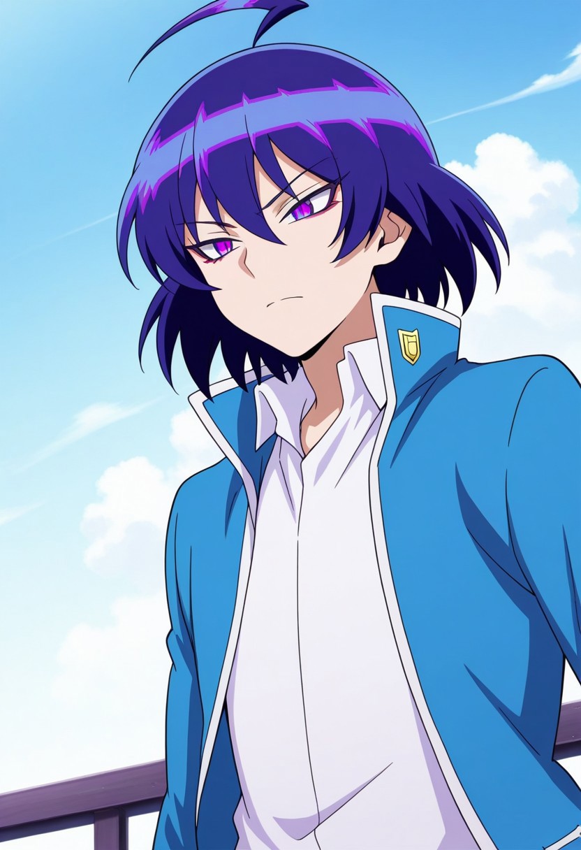 masterpiece,best quality,amazing quality, source_anime,
IrumaSuzuki, 1boy, male focus, solo, evil form, purple eyes, gradient eyes, multicolored hair, blue hair, purple hair, ahoge, hair between eyes, school uniform, shirt, white shirt, collared shirt, jacket, blue jacket, open jacket,
outdoor, sky, day, clouds,