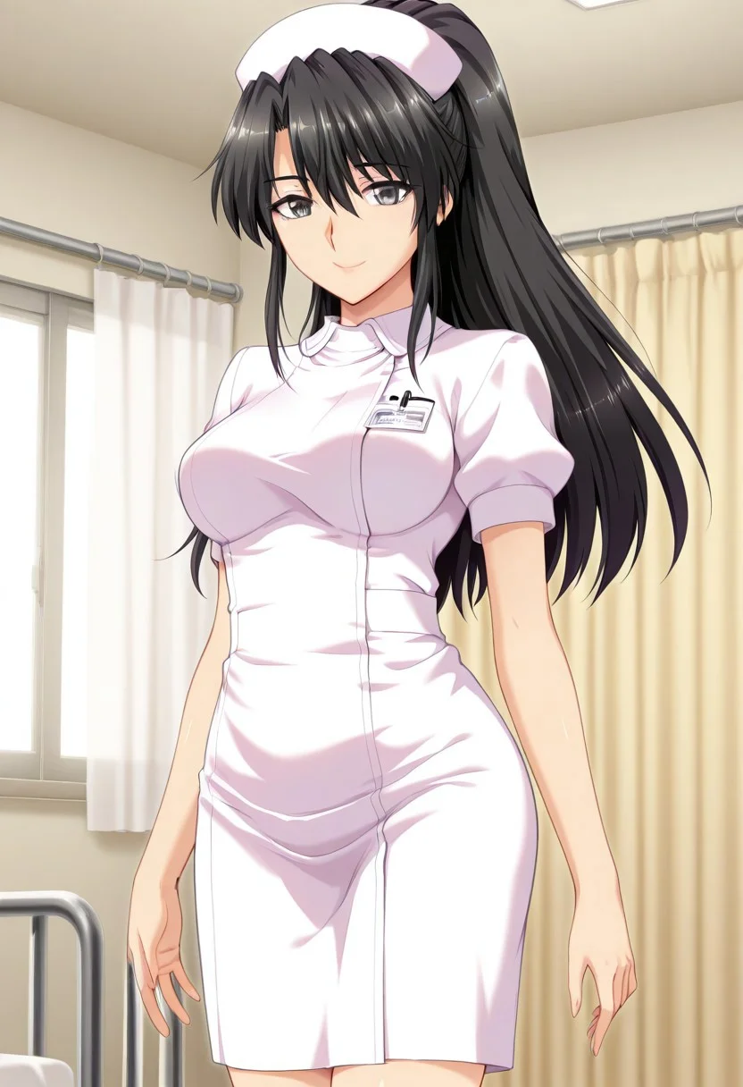 (absurdres, best quality, masterpiece:1.4), amazing quality, highres, newest, detailed, detailed body, detailed face, source anime, anime coloring, beautiful, looking at viewer,
BREAK
1girl, solo, KyoukChi, black hair, black eyes, long hair, high ponytail, standing, smile,nurse, nurse cap