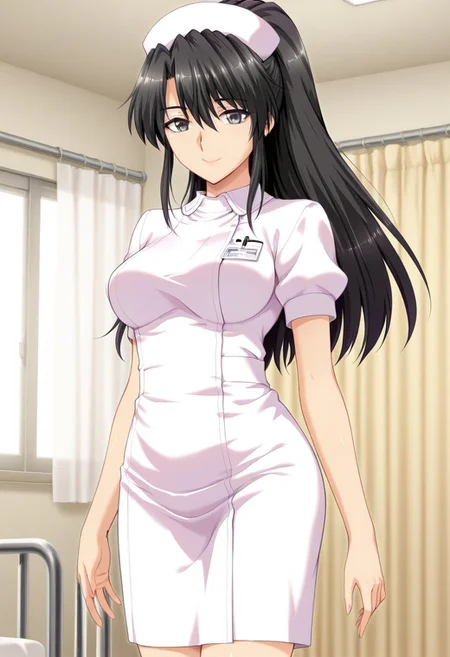 (absurdres, best quality, masterpiece:1.4), amazing quality, highres, newest, detailed, detailed body, detailed face, source anime, anime coloring, beautiful, looking at viewer,
BREAK
1girl, solo, KyoukChi, black hair, black eyes, long hair, high ponytail, standing, smile,nurse, nurse cap