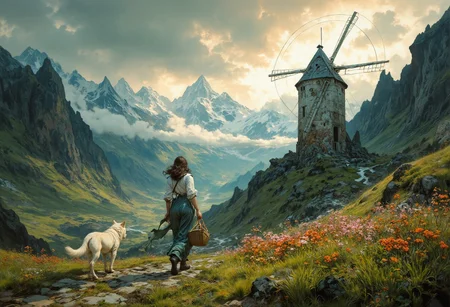 8k high quality digital painting , masterpiece, very detailed, ultra realistic, (best quality) very detailed epic masterpiece, 
unearthly beautiful, a breathtakingly beautiful landscape in the French Alps, in the foreground a woman carries a basket under her arm to a windmill on a path, a dog follows her, the low sun casts long shadows, enchanting landscape, fairytale-like, calm romantic mood, flowers in the foreground, realistic