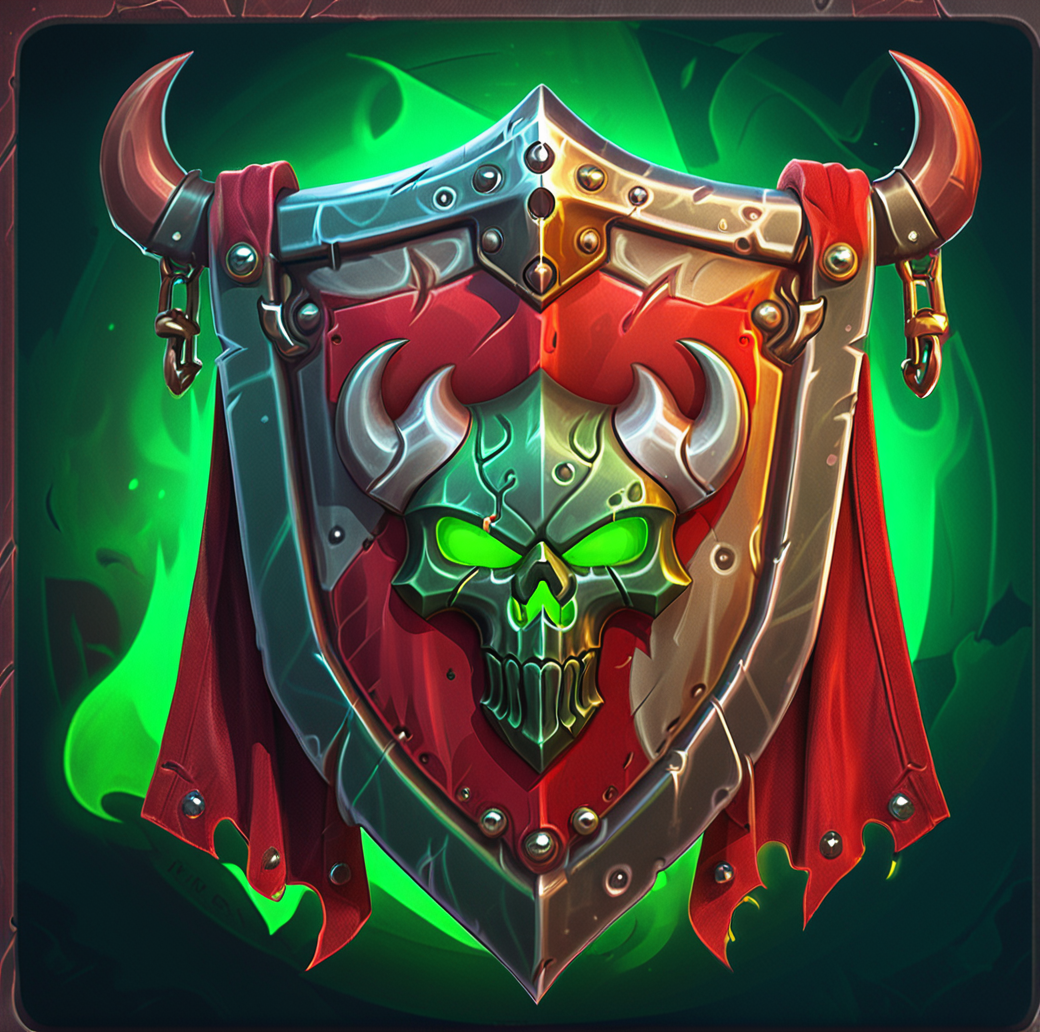 digital game illustration,fantasy,shield,skull,green glow,red cape,metal,horns,brown handles,rivets,sinister,fiery background,high-resolution,detailed texture,digital art,illustration,emblem,dark red tones,gaming icon,glowing eyes,menacing,flag,game asset,,<lora:æ¸¸æ-000002:0.6>