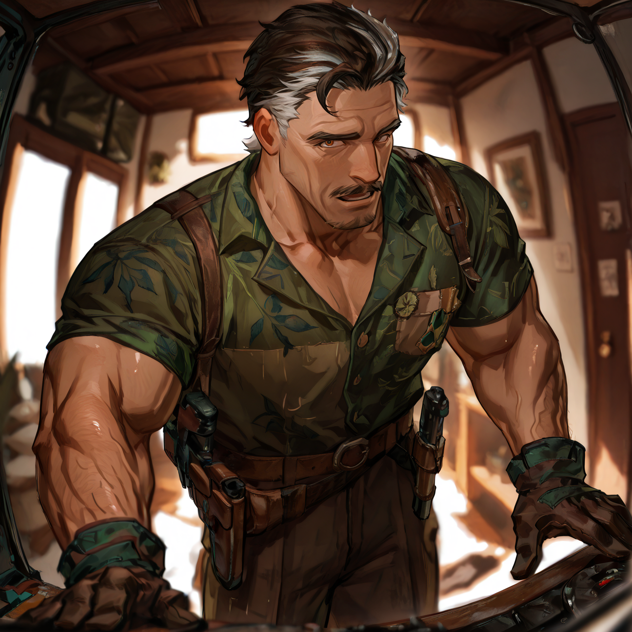 <lora:reverse1999Mr.Duncan:.75> duncan,mature male,green print shirt,wrinkled skin,muscular,open mouth,gloves,two-tone hair,mustache,holster,short hair,brown pants,
<lora:pose_perspective:1>  perspective, blurry background, blurry foreground, fisheye, ((cowboy shot)), 
(very short hair), male focus, muscular male, bara, mature, (glossy skin, bara, mature, facial hair,), facial hair, bara, mature,  aixiwuganda_(20222192), very awa, masterpiece, best quality, absurdres, newest, perfect quality, detailed background, intricate details,<lora:slider_Body Type_alpha1.0_rank4_noxattn_last:1><lora:Anime Summer Days 2 Style SDXL_LoRA_Pony Diffusion V6 XL:.6> <lora:slider_cfg_scale_boost:.7><lora:Artist6p:.55>, Artist6p, Artist04p,<lora:slider_il_brightness_slider_d1:-.5><lora:slider_il_contrast_slider_d1:-.5>,<lora:slider_contract_controller_illus01_v1:.3>,<lora:slider_DarkSlider1.2_alpha1.0_rank16_full_300steps:-.3><lora:Heavenly_Beauty_r1:1>, (heavenlybeauty,)<lora:slider_style_strength_controller_illus01_v1:.25>