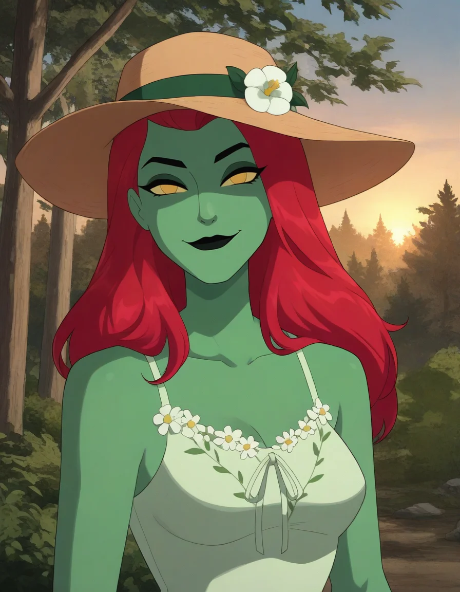 ,long hair, red hair, poisonivycartoon, makeup, lipstick, green skin, colored skin, black lips, yellow eyes, medium breasts, colored sclera, no pupils, dress, sundress, Dorian Gray dress, flower_trim, sandals, flower_bracelet, sun_hat, Xer0shad0ws,