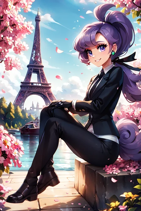 score_9, score_8_up, score_8, medium breasts, (curvy), cute, eyelashes, BREAK, , ,,, zzAnabel, purple hair, purple eyes, long hair, ponytail, ribbon, hair ribbon, bangs, black ribbon, black suit, formal, black tie, black gloves, <lora:Anabel_Pokemon_PDXL:0.8>, ,,,, BREAK, zzEiffelTower in background, sitting, watercraft, boat, sitting on wall, side view, looking at viewer, smile, ,,, BREAK, blooming stars, luminescent petals, otherworldly fragrance blurry background, ,,, embedding:zPDXL, Expressiveh, ,,, <lora:EiffelTowerPDXL:0.8>, <lora:CatalystStylePDXL:0.6>, <lora:SDXLFaeTastic2400:0.5>, <lora:Expressive_H-000001:0.4>,
