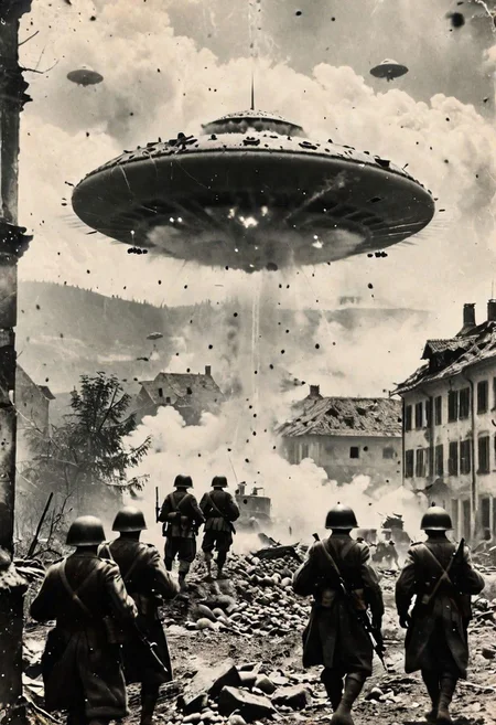 B&W 35mm vintage photo of a UFO in a WW2 picture, german soldiers under attack, destroyed city backdrop