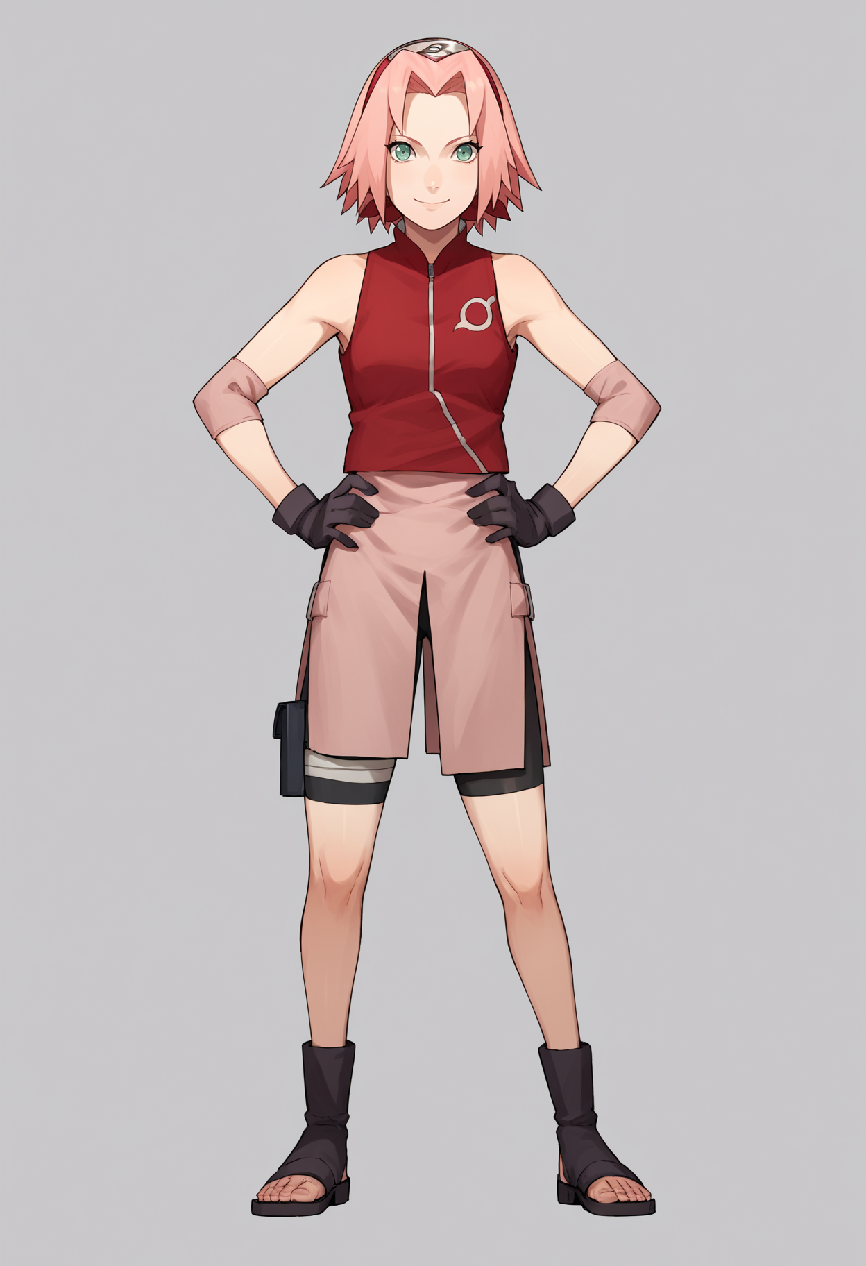 score_9, score_8_up, score_7_up, score_6_up, score_5_up, score_4_up, BREAK, source_anime,
1girl, haruno sakura, pink hair, short hair, green eyes, sleeveless, red shirt, forehead protector, bike shorts, shorts, black gloves,
hands on hips, smile, standing, full body, looking at viewer, solo, simple background, white background
 <lora:SakuraShippudenXL:1>