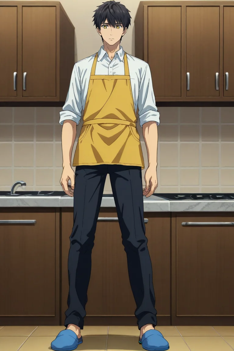 score_9, score_8_up, score_7_up,score_6_up,score_5_up,score_4_up,source_anime,BREAK, rating_safe, intricate details , , , anime screencap, anime coloring, official style, depth of field,1boy, solo, male focus , , ,  <lora:kuro_sakuragawa:0.78>,kuro sakuragawa,black hair,yellow eyes,short hair,bangs,shirt, holding, standing, white shirt, full body, collared shirt, pants, kitchen, from below, orange apron, black pants,sleeves rolled up, pocket, blue slippers, indoors, , , , <lora:sdxl_lightning_8step_lora_315544:1>