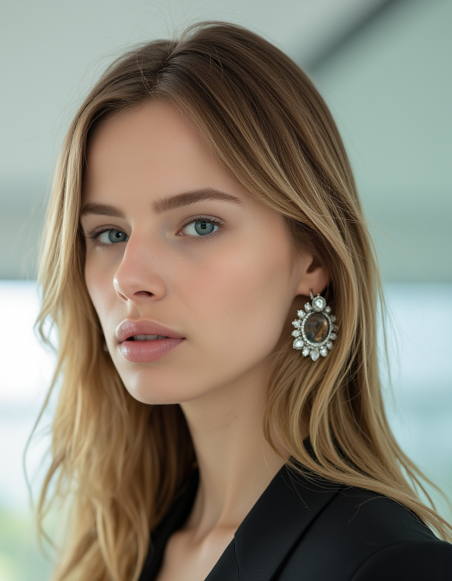 The reflective surfaces of her earrings and outfit create a dynamic interplay with the environment, emphasizing her sleek presence. The minimalist background allows the viewer to focus on her eye-catching fashion and makeup. Captured with a Sony A7R IV camera and a 50mm f/1.2 G Master lens for a beauty editorial shoot, this composition highlights her fashion-forward aesthetic. Inspired by avant-garde fashion photography from Sølve Sundsbø, this image blends contemporary fashion and minimalist elegance, embodying mythp0rt and niji_flux styles for a sleek, high-fashion vision. ((blond, portrait))