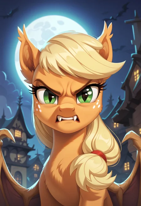 score_9, score_8_up, score_7_up, score_6_up, score_5_up, score_4_up, my little pony, solo, pony, feral pony, bat pony, applejack, bat wings, fangs, moon, forest, night, look at you, angry, seious, city background, castlevania, 1girl, beautiful, detailed, (detailed cute pony face), detailed eyes, detailed fur, beautiful, vector, flat colors, (beautiful long eyelashes), ((close-up)), high angle
