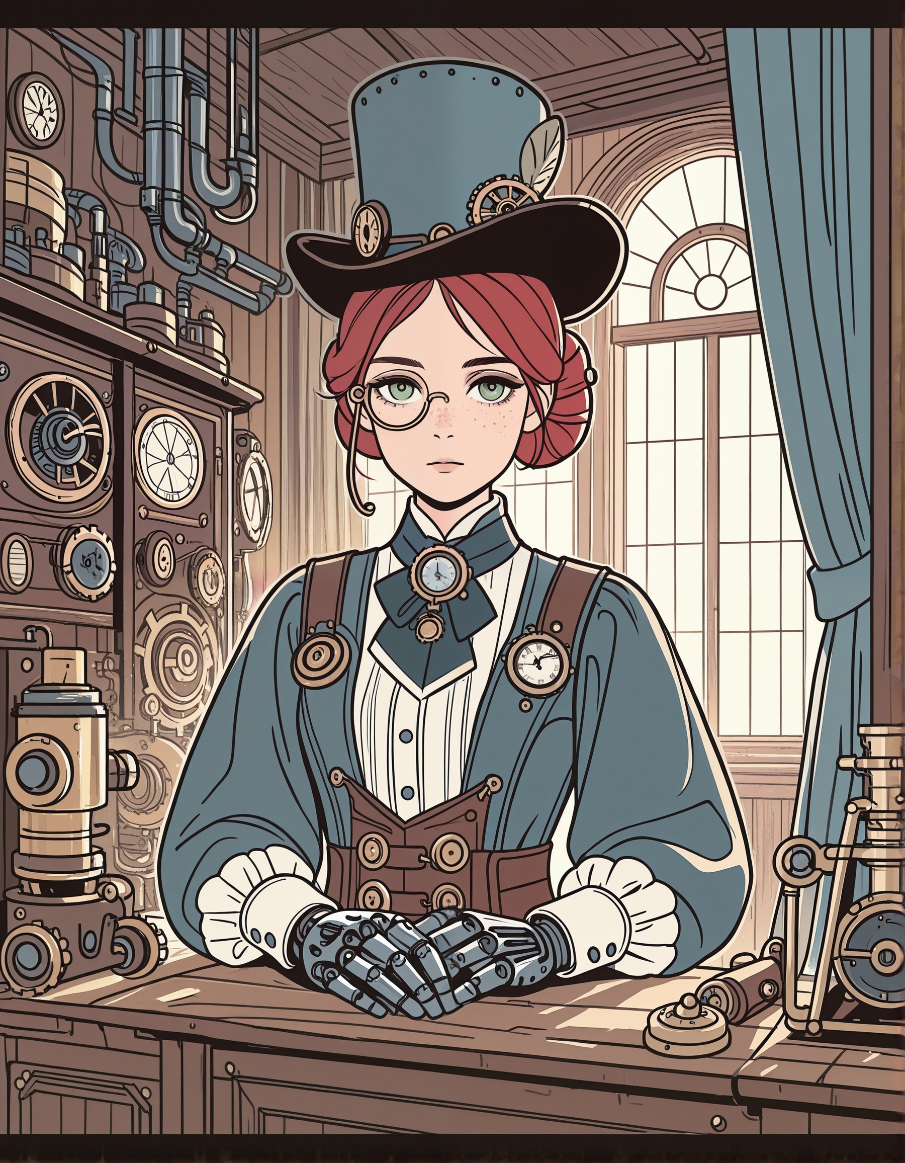 flat color, black outline, 1girl, steampunk, hat, monocle, Victorian outfit, metal hand, red hair, beautiful bun hairstyle, green eyes, freckles, working on a steampunk machine, wooden interior, large window, curtains, warm light, blue prints, renaissance architecture
