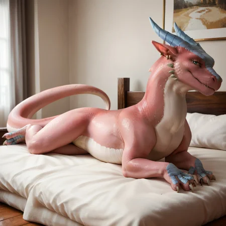 score_9, score_8_up, score_7_up, score_6_up, score_5_up, score_4_up, masterpiece, high quality, realistic, detailed, best quality, white bed, solo, rating_safe, source_furry, bedroom, smiling, seductive, looking at viewer, lying on belly, feral, azlyn, dragon, pink scales, horns, tail, claws, green eyes, earring, white underbelly, female, 1girl