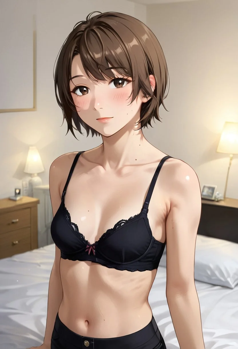 1girl, solo, short brown hair, small breasts,
pants, tank top, black bra,
bedroom,