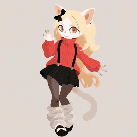an anthropomorphic catgirl with long middle parted blonde hair and creamy white fur and ears wearing a red knitted sweater and a black skirt with suspenders and sheer black tights with baggy white legwarmers and Mary Jane shoes and a black ribbon in her hair