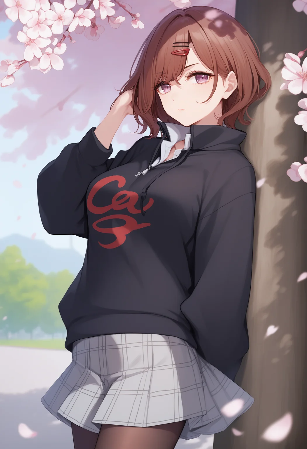 score_9, score_8_up, score_7_up, score_6_up,
1girl, <lora:brj-madoka-pony-v0.5:1>, higuchi madoka, purple eyes, short hair, brown hair, hairpin, medium breasts,
scowl,
(black hoodie, Flowing hoodie,oversized clothes), collared shirt, (plaid skirt, grey skirt), pantyhose, ,
outdoors, park, cherry blossoms, day,
upper body,
hand in own hair,
masterpiece, best quality,