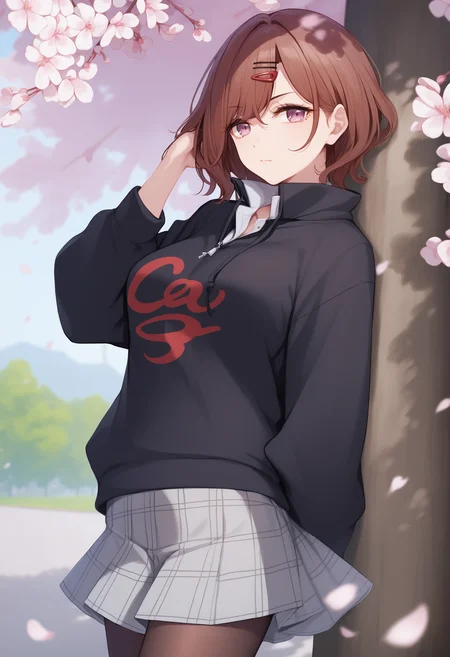 score_9, score_8_up, score_7_up, score_6_up,
1girl, <lora:brj-madoka-pony-v0.5:1>, higuchi madoka, purple eyes, short hair, brown hair, hairpin, medium breasts,
scowl,
(black hoodie, Flowing hoodie,oversized clothes), collared shirt, (plaid skirt, grey skirt), pantyhose, ,
outdoors, park, cherry blossoms, day,
upper body,
hand in own hair,
masterpiece, best quality,