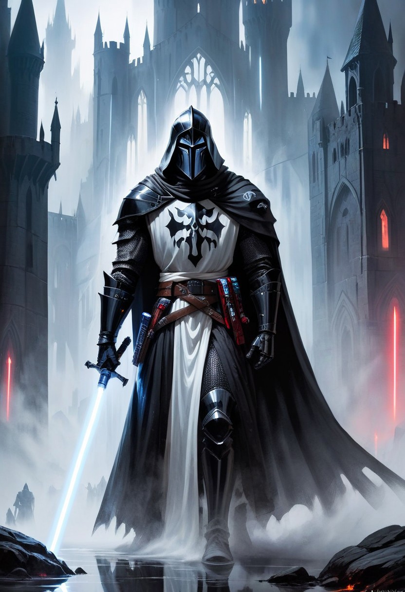 score_10, score_9, score_9_up, score_8_up, score_7_up, masterpiece, best quality, ghost, black armor, black knight, hood, ((hood over helmet)), duo focus, multiple_boys, 2boys,, two figures, Fantasy, knight, gothic, full plate armor, armor, black, cloak, hood, sith, sword, heavy armor, white light saber, white tabard, shield, reflection, spirit, translucent, black mist, paladin, fighter, rogue, vivid color, castle,