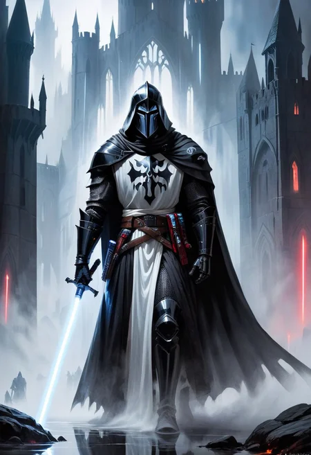 score_10, score_9, score_9_up, score_8_up, score_7_up, masterpiece, best quality, ghost, black armor, black knight, hood, ((hood over helmet)), duo focus, multiple_boys, 2boys,, two figures, Fantasy, knight, gothic, full plate armor, armor, black, cloak, hood, sith, sword, heavy armor, white light saber, white tabard, shield, reflection, spirit, translucent, black mist, paladin, fighter, rogue, vivid color, castle,