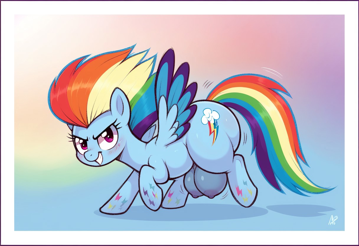 score_9, score_8_up, score_7_up, masterj291´Style, highres, hi res, best quality, masterpiece, <lora:add-detail-xl:.5>, my little pony, solo, background, detailed background, ((my little pony, <lora:mlp: fim - rainbow power - rainbow dash:1>, rainbow dash, rainbow power, determined smile, hooves, fantasy lighting, blue pegasus, large butt, grin, striped mane, gradient hooves, border, stylized rainbow mane)
), thoughtful expression, blushing expression, equine, fat ass, feral, huge ass, huge butt, plump, pony, quadruped, thick thighs, looking at the viewer ,ass crack,standing ,(Feral Pony, Pony Form, Huge crotchboobs,purple nipples, Hyper hips, thick thighs, hyper butt,large butt, butt overhang),sexy and cute thin legs,alicorn,horny,empty eyes, recording, twilight's kingdom, TWERKING