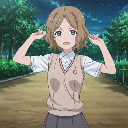 nsfw, masterpiece, best quality, amazing quality,1girl, solo, index_railgun_wannai_kinuho, standing, smile, open mouth, arms up, blue eyes, brown hair, tokiwadai school uniform, sweater vest, short hair, white shirt, short sleeves, grey skirt, pleated skirt, collared shirt, brown sweater vest, outdoors, park, starry sky, night sky, looking at viewer, <lora:Wannai_Kinuho_-_Index_Railgun:0.7>
