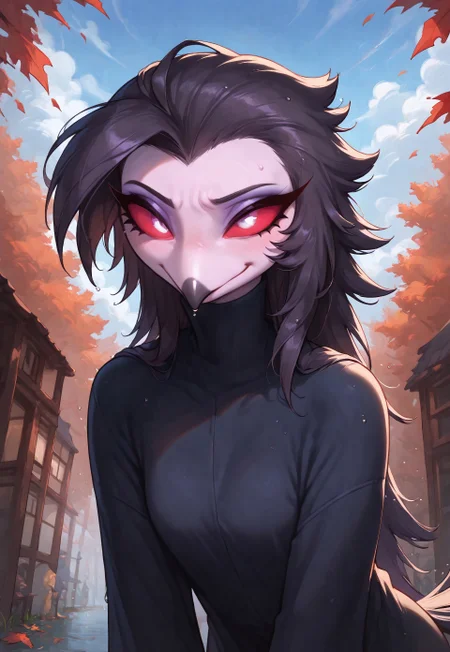 masterpiece, score_9_up, score_8_up, score_7_up, score_6_up, source_furry, (best quality:1.1), ultra-detailed, high resolution, solo, octavia, from helluva boss, owl demon, avian, beak, female, red sclera, white eyes, smirk, long eyelashes BREAK cloudy sky, floating hair, typhoon, storm, raincoat, rain, outdoors, wet, wind, wind lift, leaning forward, autumn, falling leaves, town, buildings, water, dark sky BREAK Highly Visible, (8k), sharp focus, perfect lighting, anatomically correct, extremely detailed, starlight casting soft shadows, high detail, serene, Expressiveh, detailed background, OverallDetail, zPDXL3