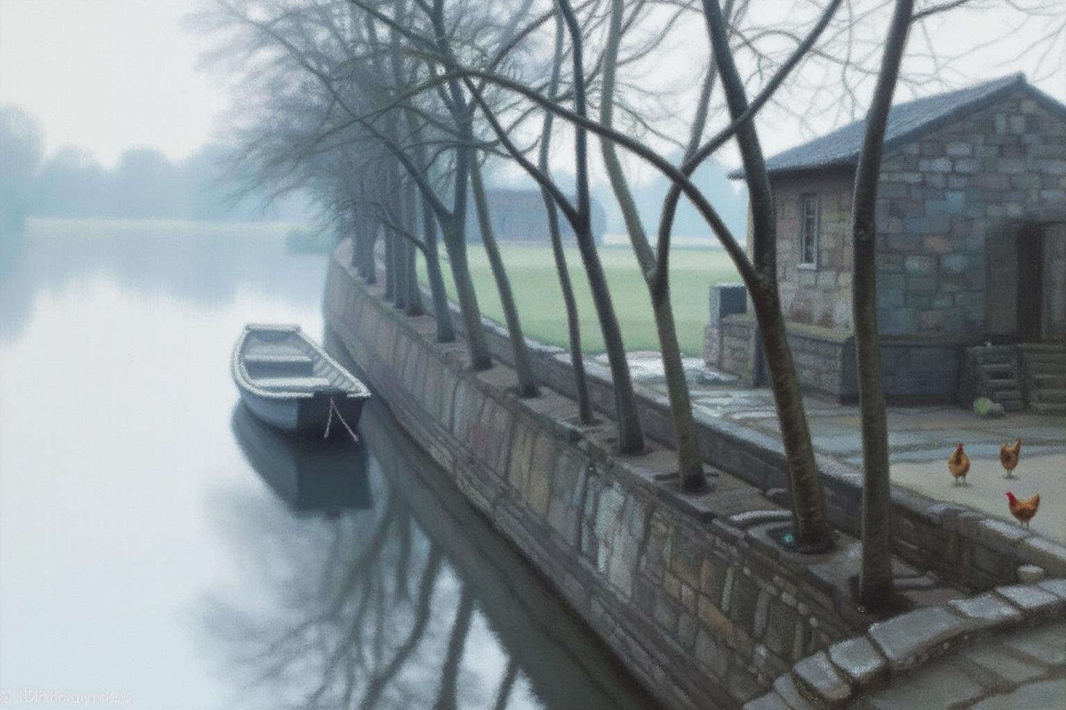 chenyifei2 painting.
A calm, narrow river with faint reflections of the landscape on its surface. The riverbank is lined with tall, leafless trees with branches reaching upwards and slightly bent. There is a flat-bottomed boat anchored to the shore. A stone house is on the right, with two chickens in the front.
 <lora:chenyifei2_cap_d6a3:1.0><lora:839848698595906209:0>
