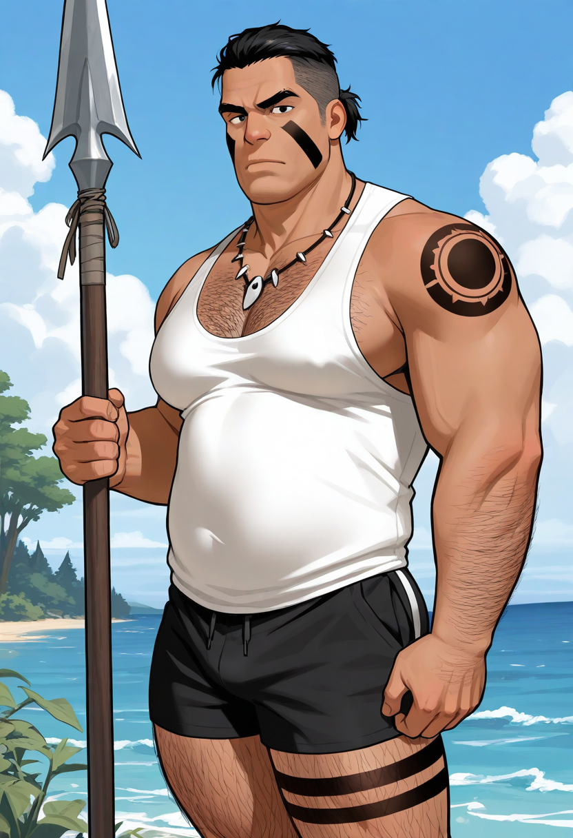 1boy, day, standing, (cowboy shot:1.5), looking at viewer, serious, holding polearm, planted polearm, closed mouth,
BREAK
<lora:Budan_from_Low_Tribe_by_Gai_Mizuki_v0.1:1> large pectorals, thick arms, plump, thick thighs,
budanlowtribe, mature male, thick eyebrows, under cut, black eyes, black hair, short hair, ponytail, dark skin,
white shirt, sleeveless, black shorts, facepaint, chest hair, leg hair, leg tattoo, shoulder tattoo, teeth necklace,
BREAK
blue sky, horizon, ocean, outdoors, cloudy sky, forest, tree, 
BREAK
best quality, masterpiece, very aesthetic, absurdres, highest detailed,