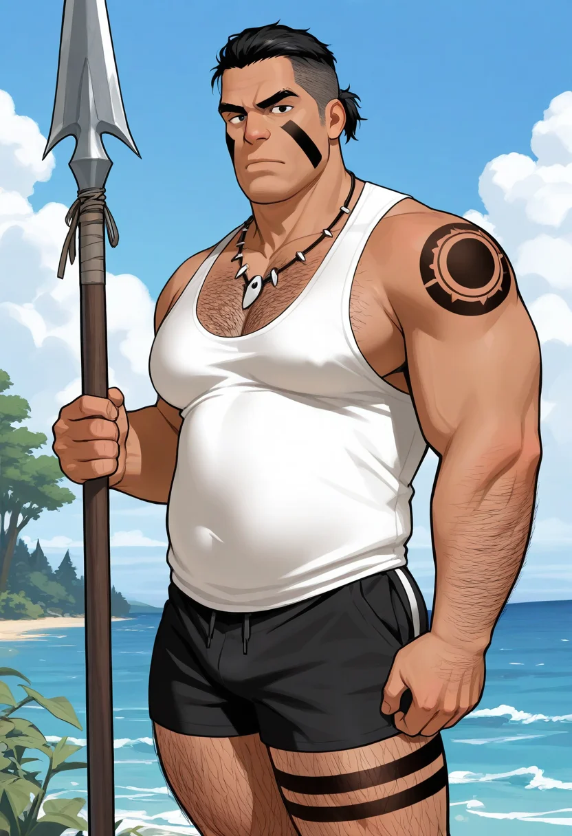 1boy, day, standing, (cowboy shot:1.5), looking at viewer, serious, holding polearm, planted polearm, closed mouth,
BREAK
<lora:Budan_from_Low_Tribe_by_Gai_Mizuki_v0.1:1> large pectorals, thick arms, plump, thick thighs,
budanlowtribe, mature male, thick eyebrows, under cut, black eyes, black hair, short hair, ponytail, dark skin,
white shirt, sleeveless, black shorts, facepaint, chest hair, leg hair, leg tattoo, shoulder tattoo, teeth necklace,
BREAK
blue sky, horizon, ocean, outdoors, cloudy sky, forest, tree,
BREAK
best quality, masterpiece, very aesthetic, absurdres, highest detailed,