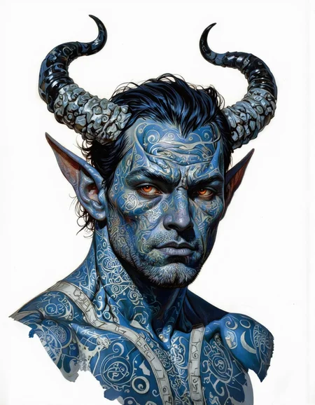 By Phandigrams. This is a digital drawing in a detailed, comic book style. The subject is a formidable, demonic figure with a striking appearance. The character has a dark blue, almost black skin tone, covered in intricate, swirling tattoos that resemble ancient runes and mystical symbols. His face is stern, with piercing red eyes that glow menacingly, giving him an otherworldly aura. Two large, curved horns protrude from his head, curving backwards in a twisted, almost organic manner. <lora:Phandigrams:0.85>