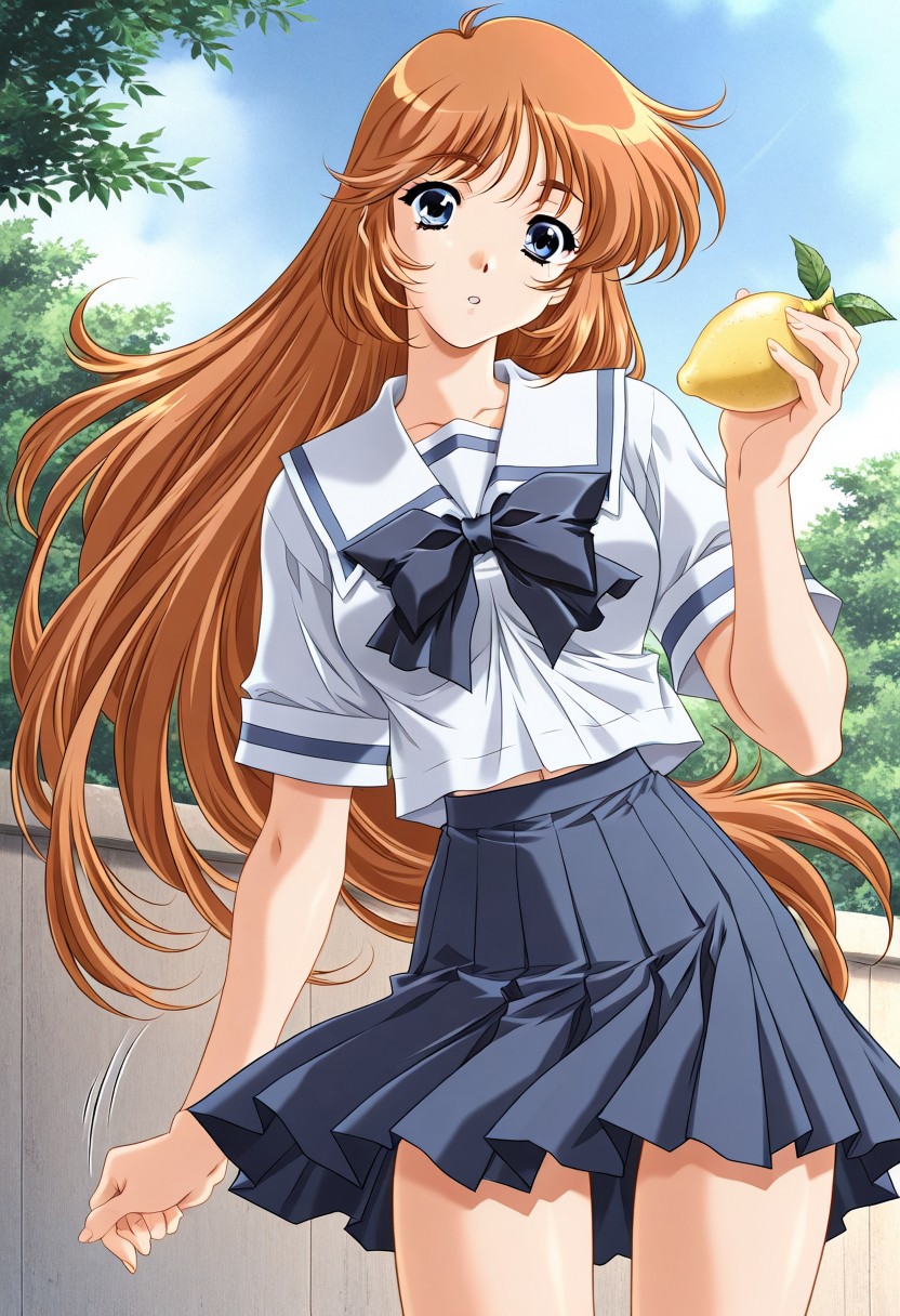 masterpiece, best quality, newest, highres, uncensored, 1girl, yokota mamoru style,1girl, slender face，motion lines,Kobayakawa_Mizuho, blue eyes, very long hair, orange hair, bangs, breasts,Brown Hair , Waist Length hair, Blue Eyes,1990s (style),slim,solo,
school uniform, 1girl, long hair, food,brown hair, fruit, lemon, blue eyes, day, holding, skirt, bow, holding fruit