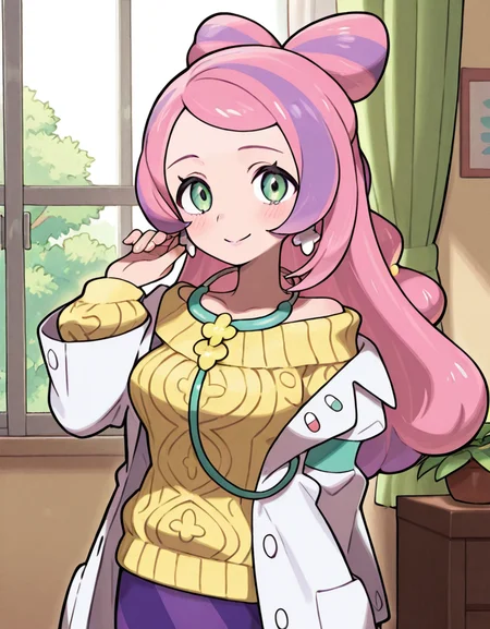 masterpiece, best quality, amazing quality, very aesthetic, absurdres,  newest, detailed background, 4k, 8k, outdoors, beautiful eyes, hyperdetailed, sugimori, jaggy lines,
miriamxd, 1girl, solo, earrings, smile, long hair, sweater, stethoscope, jewelry, green eyes, skirt, multicolored hair, purple skirt, indoors, window, looking at viewer, open coat, yellow sweater, purple hair, closed mouth, pink hair, off shoulder, long sleeves, blush, hand up, curtains, cable knit, open clothes, labcoat, 
 <lora:Nurse_Miriam_-_Pokemon_Illustrious:1>,  <lora:Sugimori_v2:1>