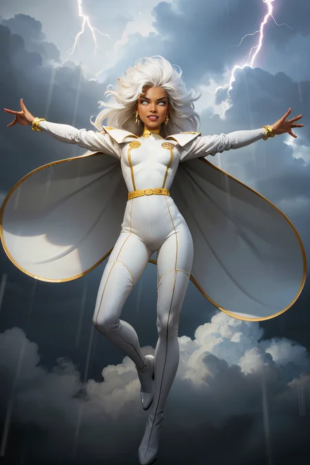 Storm, white hair, dark skin, white eyes, jewellery, white jumpsuit, cape, gold trim, boots, looking at viewer, serious, grin, full body shot,
from_below, flying, floating, in air, arms out, cloudy, rain, lighting strikes, dynamic lighting, dark, extreme detail, masterpiece, <lora:CARTOON_X_MEN90s_Storm-15:.8>