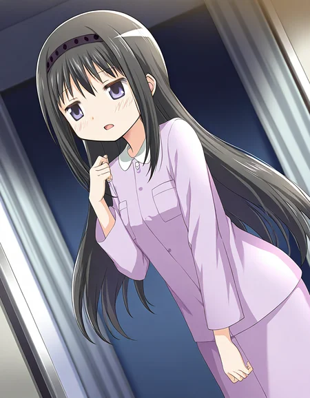 masterpiece, best quality, newest, absurdres, highres, safe, 1girl, akemi homura \(hospital costume\), magia record: mahou shoujo madoka magica gaiden, solo, indoors, dutch angle, <lora:20241226152250_akemi_homura_noobaiXLNAIXL_vPred10Version:0.7>