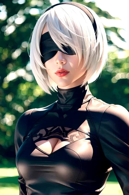 masterpiece, (photorealistic:1.4), best quality, beautiful lighting, , 

yorha no. 2 type b, 1girl, wlop, ((blindfold)), breasts, cleavage, cleavage cutout, clothing cutout, green background, hair between eyes, hairband, highres, juliet sleeves, long sleeves, nier \(series\), nier automata, (puffy sleeves), red lips, shaded face, short hair, solo, turtleneck, upper body, white hair, sky <lora:yorha_noDOT_2_type_b:0.8> 

RAW photo, 8k uhd, film grain