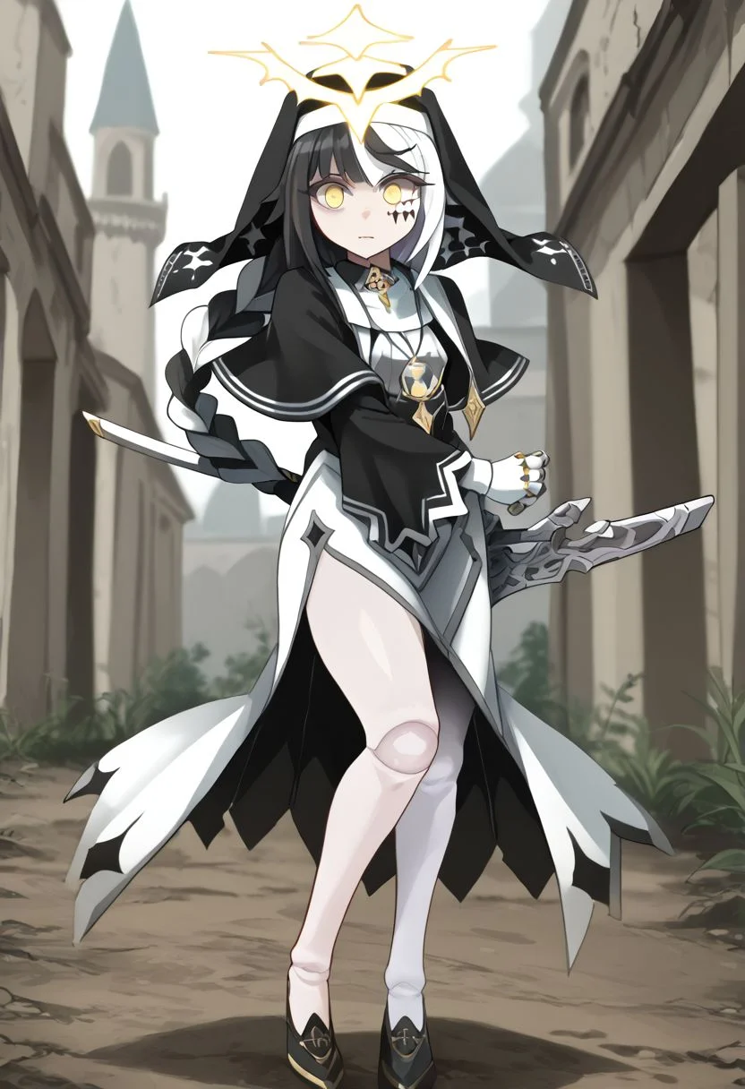 1girl, absurdres, solo, long hair, black hair, streaked hair, halo, two-tone hair, yellow eyes, braid, white hair, multicolored hair, facial mark, braided ponytail, doll joints, veil, nun, habit, white pantyhose, black capelet, asymmetrical gloves, mismatched gloves, side slit, battoujutsu, black footwear, holding weapon