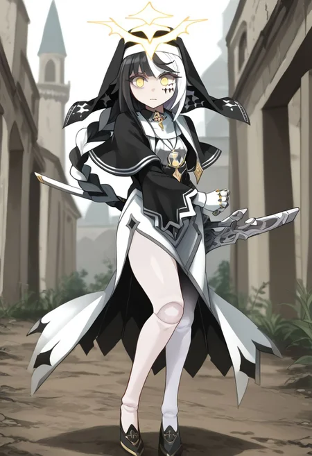 1girl, absurdres, solo, long hair, black hair, streaked hair, halo, two-tone hair, yellow eyes, braid, white hair, multicolored hair, facial mark, braided ponytail, doll joints, veil, nun, habit, white pantyhose, black capelet, asymmetrical gloves, mismatched gloves, side slit, battoujutsu, black footwear, holding weapon